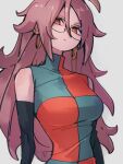  1girl android_21 breasts checkered_clothes checkered_dress closed_mouth dragon_ball dragon_ball_fighterz dress earrings grey_background hair_between_eyes hoop_earrings jewelry kemachiku looking_at_viewer medium_breasts red_eyes red_hair simple_background solo 