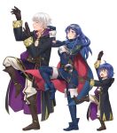  1boy 1girl ahoge blue_eyes blue_hair cape fire_emblem fire_emblem_awakening gloves highres igni_tion long_hair lucina_(fire_emblem) morgan_(fire_emblem) morgan_(fire_emblem)_(female) multiple_girls open_mouth parody robe robin_(fire_emblem) robin_(fire_emblem)_(male) short_hair smile standing standing_on_one_leg tiara white_hair yotsubato! 