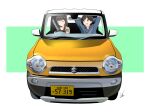  2girls :d absurdres arms_behind_back bangs black_hair blunt_bangs brown_eyes car closed_eyes driving ground_vehicle highres looking_at_another motor_vehicle multiple_girls signature smile suzuki_hustler swept_bangs toba_minami toba_ryouko vehicle_focus yasu_(pixiv) yurucamp 