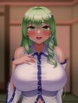  1girl :d absurdres bare_shoulders blurry blurry_background blurry_foreground blush breasts depth_of_field detached_sleeves frog_hair_ornament green_eyes green_hair hair_ornament hair_tubes highres kochiya_sanae long_hair looking_at_viewer mimasi_osuwari open_mouth smile snake_hair_ornament solo touhou 