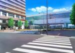  blue_sky building chisagogo2 city cityscape cloud commentary_request crosswalk no_humans original road road_sign scenery shadow sign sky street train_station tree 