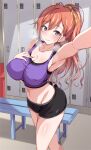  1girl arisugawa_natsuha bare_shoulders breasts cleavage crop_top gym_shirt gym_shorts hand_on_own_chest highres idolmaster idolmaster_shiny_colors large_breasts locker locker_room looking_at_viewer naba_(take_tonbo) navel ponytail purple_shirt red_hair selfie shirt short_shorts shorts smile tank_top thighs 