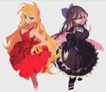  2girls absurdres black_dress black_hair blonde_hair bow breasts cleavage clenched_teeth cropped_legs crystallakec dress grin hair_bow hand_on_hip highres juliet_sleeves large_breasts long_sleeves looking_at_viewer multicolored_hair multiple_girls panty_&amp;_stocking_with_garterbelt panty_(psg) pink_hair puffy_sleeves red_dress simple_background sleeveless sleeveless_dress smile stocking_(psg) striped striped_legwear teeth thighhighs two-tone_hair white_background 