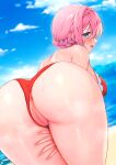  1girl anus ass ayomo_ro bangs bare_shoulders blue_eyes blush braid breasts hair_between_eyes highres huge_ass large_breasts looking_at_viewer looking_back navel open_mouth pink_hair princess_connect! pussy short_hair solo sweat swimsuit yui_(princess_connect!) 