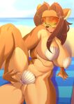  absurd_res anthro beach big_breasts breasts brown_body brown_fur female fur hi_res kimako-desu lutrine mammal mustelid on_towel seaside solo spread_legs spreading towel 