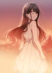  1girl bangs bare_shoulders blush brown_eyes brown_hair cloud crying crying_with_eyes_open dress earrings hanako151 highres jewelry long_hair looking_at_viewer looking_back original outdoors parted_lips sky sleeveless sleeveless_dress smile solo standing sunlight sunset tears white_dress 