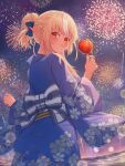  1girl :p absurdres aerial_fireworks bangs blonde_hair blue_kimono blue_ribbon blush braid candy_apple elf fireworks food from_behind hair_bun hair_ornament highres holding holding_food hololive japanese_clothes kimono long_hair long_sleeves looking_at_viewer looking_back multicolored_hair obi pointy_ears print_kimono red_eyes ribbon sash shiranui_flare sidelocks sky solo streaked_hair tang-du tongue tongue_out virtual_youtuber white_hair 