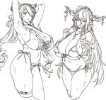  2girls anklet arm_wrap arms_behind_head bikini breasts cleavage danua granblue_fantasy greyscale horns houtengeki huge_breasts jewelry long_hair looking_at_viewer monochrome multiple_girls narmaya_(granblue_fantasy) narmaya_(summer)_(granblue_fantasy) necklace pointy_ears sketch standing swimsuit wet 