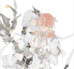  1boy 1girl closed_mouth code:_failess_(elsword) elsword elsword_(character) eve_(elsword) facial_mark facing_viewer forehead_mark gloves linbai22 looking_down multicolored_hair red_eyes red_hair sacred_templar_(elsword) short_hair sketch white_background white_hair yellow_eyes 