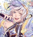  1boy aqua_nails bare_shoulders black_hair blade_(nu_carnival) blinking blush detached_sleeves earrings food fruit gem grey_eyes highres holding holding_microphone jewelry lemon lemon_slice looking_at_viewer male_focus microphone multicolored_hair nu_carnival open_mouth sailor_collar sharp_teeth short_hair sleeveless smile streaked_hair teeth two-tone_hair warsong_zhange white_hair 