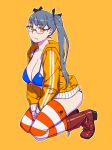  1girl bangs bikini blue_bikini boots breasts cleavage full_body glasses grey_hair highres jacket kneeling large_breasts long_hair looking_at_viewer onsen_tamago_(hs_egg) orange_legwear original simple_background smile solo string_bikini striped striped_legwear swimsuit thighhighs twintails two-tone_legwear v_arms white_legwear yellow_background yellow_eyes yellow_jacket 