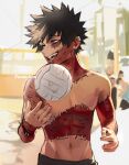  1boy alternate_eye_color artist_name ball black_hair blue_eyes boku_no_hero_academia bracelet burn_scar cheek_piercing dabi_(boku_no_hero_academia) highres jewelry male_focus messy_hair multiple_scars navel open_mouth piercing scar scar_on_hand scar_on_neck scar_on_stomach sharl0ck smile solo_focus staple stapled topless_male volleyball 