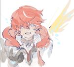  1boy blush crying crying_with_eyes_open elsword elsword_(character) gloves linbai22 long_sleeves male_focus multicolored_hair open_mouth red_eyes red_hair sacred_templar_(elsword) short_hair single_wing sketch solo tears teeth white_background white_hair wings 