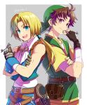  2boys aqua_eyes aqua_vest back-to-back bandana bangs bare_shoulders belt blonde_hair blue_pants border brown_eyes brown_hair butz_klauser crossed_arms crossover cuffs earrings final_fantasy final_fantasy_ix final_fantasy_v fingerless_gloves gloves green_bandana green_tunic grey_background hand_to_own_mouth holding holding_key jewelry key long_hair low_ponytail male_focus multiple_boys open_mouth pants parted_bangs pouch sanroku_3 shirt short_hair short_sleeves sleeveless sleeveless_shirt smile t-shirt teeth upper_body upper_teeth white_shirt yellow_shirt zidane_tribal 
