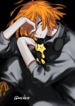  1boy absurdres black_background character_doll highres male_focus orange_hair otogami_reijirou parted_lips piano_keys pppppp simple_background sitting solo usasaki_shiro 