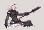  1boy armor chain fur_trim gloves green_eyes grey_background hair_between_eyes head_chain highres holding holding_polearm holding_weapon lace-up_sleeves long_sleeves looking_at_viewer male_focus medium_hair mim_(mimya0600) nier nier_(series) nier_(young) pants polearm solo upper_body weapon white_hair white_pants 