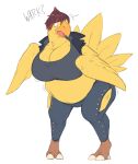  2021 anthro avian beak big_breasts breasts chocobo clothing female final_fantasy hair implied_transformation overweight overweight_anthro simple_background solo square_enix standing subakitsu surprise talons torn_clothing video_games white_background yellow_body 
