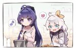  2girls :d ? ahoge apron bangs banned_artist blue_eyes border bow braid casual closed_mouth cooking food frilled_apron frills hair_bow heart holding honkai_(series) honkai_impact_3rd kiana_kaslana long_hair long_sleeves multiple_girls open_mouth pink_sweater ponytail purple_eyes purple_hair raiden_mei saliva shiki_(shiki1230) smile spoken_heart spoken_question_mark sweater twin_braids white_apron white_border white_hair white_sweater 