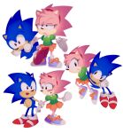  1boy 1girl amy_rose blue_fur blush body_switch bunbuffet diadem dress furry furry_female furry_male gloves half-closed_eyes headband highres holding_hands open_mouth outstretched_arms personality_switch pink_fur pointy_ears pointy_nose shoes short_sleeves simple_background skirt sonic_(series) sonic_cd sonic_the_hedgehog spread_arms sweat sweatdrop teeth tongue white_background 