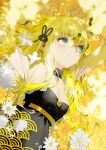  1girl black_dress blonde_hair blue_eyes breasts cleavage closed_mouth dress field flower flower_field hair_ornament hairclip hands_up highres long_hair long_sleeves lying on_back original ryota-h shikigami small_breasts smile solo white_flower yellow_belt yellow_theme 