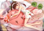  1girl animal_slippers backpack backpack_removed bag bakemonogatari bare_legs bare_shoulders barefoot bedroom breasts brown_hair bubble cherry_print closed_mouth commentary_request dress faicha food_print from_above green_ribbon hachikuji_mayoi hair_ribbon hairband indoors long_hair looking_at_viewer lying monogatari_(series) object_hug on_bed on_side patreon_username red_eyes red_ribbon ribbon short_dress sleeveless sleeveless_dress slippers small_breasts solo strawberry_print twintails white_dress white_hairband 