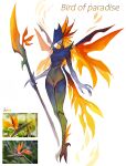  1girl absurdres bird_of_paradise_flower blue_skin bodysuit closed_mouth colored_skin facing_viewer fewer_digits full_body halberd hat highres holding holding_polearm holding_staff holding_weapon long_hair matilda_fiship orange_hair original polearm solo staff standing talons weapon wings 