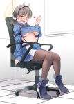  1girl black_legwear blue_archive blue_footwear blue_skirt blue_sweater breasts candy chair crop_top cropped_sweater dildo_reveal flanvia food glasses hairband halo highres holding holding_candy holding_food holding_lollipop large_breasts light_brown_hair lollipop long_sleeves looking_at_viewer moe_(blue_archive) office_chair open_mouth pantyhose pussy_juice pussy_juice_puddle round_eyewear saliva saliva_trail sitting skirt solo sweater underboob yellow_eyes 