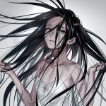  1girl artist_name banned_artist black_eyes black_hair breasts dress hands_up long_hair looking_at_viewer midori_foo original parted_lips sketch small_breasts solo upper_body white_dress 