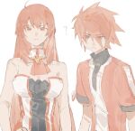  1boy 1girl ? brother_and_sister closed_mouth elesis_(elsword) elsword elsword_(character) grand_master_(elsword) highres jacket linbai22 long_hair looking_at_viewer red_eyes red_hair shirt short_hair siblings sketch sleeveless sleeveless_shirt sword_knight_(elsword) turtleneck white_background 