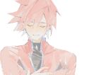  1boy blush closed_eyes elsword elsword_(character) facing_viewer hand_on_own_chest knight_emperor_(elsword) linbai22 male_focus multicolored_hair red_hair short_hair sketch smile solo teeth white_background white_hair 