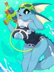  1girl :d absurdres animal_ears black_sclera blue_skin blush breasts colored_sclera colored_skin commentary furry furry_female goggles goggles_on_head hand_up highres holding holding_water_gun kame_(3t) large_breasts looking_at_viewer no_pupils one-piece_swimsuit open_mouth pokemon pokemon_(creature) smile solo standing swimsuit symbol-only_commentary tail thighs vaporeon water water_gun wet white_eyes 