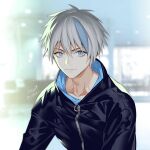  1boy artist_name banned_artist blue_eyes blue_hair blurry blurry_background closed_mouth jacket looking_at_viewer male_focus midori_foo multicolored_hair original short_hair solo two-sided_fabric two-sided_jacket upper_body white_hair zipper 
