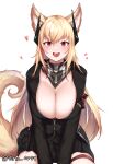  1girl animal_ears armband black_jacket blonde_hair breasts cleavage dog_ears dog_girl dog_tail esto_0079 girls&#039;_frontline headgear heart highres jacket large_breasts m4_sopmod_ii_(girls&#039;_frontline) multicolored_hair open_mouth pleated_skirt red_eyes red_scarf scarf simple_background sitting skirt streaked_hair tail thigh_strap unzipped white_background 