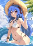  1girl absurdres ahoge bangs bare_arms bare_shoulders bikini blue_hair blue_sky breasts cloud commentary day ganyu_(genshin_impact) genshin_impact grin hair_between_eyes hat highres horns innertube l.tea large_breasts long_hair looking_at_viewer navel outdoors parted_lips purple_eyes ribbon sky slime_(genshin_impact) smile solo stomach sun_hat swimsuit thighs very_long_hair water white_bikini white_ribbon wrist_ribbon 
