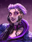  1girl absurdres apex_legends breasts cleavage eyeshadow grey_choker hair_slicked_back highres jacket loba_(apex_legends) looking_at_viewer makeup official_alternate_costume parted_lips portrait purple_eyes purple_eyeshadow purple_hair purple_jacket purple_lips purple_reign_loba short_hair smile solo undercut wiki_(juicykiwi) 