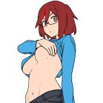  1girl black_pants blue_shirt breast_lift breasts brown_eyes glasses highres long_sleeves looking_at_viewer mole mole_on_breast onsen_tamago_(hs_egg) original pants red_hair shirt short_hair simple_background solo taeko_(onsen_tamago) upper_body white_background 