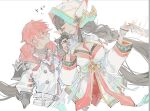  1boy 1girl ara_haan black_hair braid chinese_clothes closed_eyes crying elsword elsword_(character) facing_another linbai22 long_hair looking_at_another marici_(elsword) multicolored_hair red_eyeliner red_hair sacred_templar_(elsword) short_hair sketch white_background white_hair 