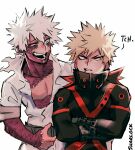  2boys artist_name bakugou_katsuki blonde_hair blue_eyes boku_no_hero_academia burn_scar cheek_piercing crossed_arms dabi_(boku_no_hero_academia) highres looking_at_another male_focus messy_hair multiple_boys multiple_scars open_mouth piercing red_eyes scar scar_on_hand scar_on_neck sharl0ck spiked_hair spoilers staple stapled stitches teeth white_background white_hair 