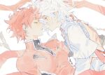  2boys blush closed_mouth elsword elsword_(character) facing_another genesis_(elsword) knight_emperor_(elsword) leaning_back leaning_forward linbai22 long_sleeves male_focus multiple_boys parted_lips red_eyes red_hair short_hair sketch tattoo white_background white_hair 