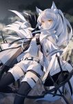  1girl absurdres animal_ears arknights belt black_legwear bow_(weapon) breasts eyebrows_behind_hair highres hizuki_miya holding holding_weapon horse_ears horse_girl horse_tail long_hair looking_at_viewer platinum_(arknights) solo stomach tail thighhighs weapon white_hair yellow_eyes 