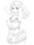  breasts cowboy_shot dress girls_und_panzer greyscale highres kay_(girls_und_panzer) large_breasts lineart long_hair looking_at_viewer monochrome nipples onsen_tamago_(hs_egg) panties see-through see-through_dress simple_background underwear white_background 