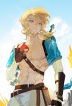  1boy abs apple arm_guards bandaged_arm bandages belt blonde_hair blue_eyes chest_strap cloud cloudy_sky detached_sleeves earrings eating fingerless_gloves food fruit gloves hair_between_eyes holding holding_food holding_fruit jewelry koy8frqryzjmxxy link looking_to_the_side male_focus medium_hair muscular muscular_male navel outdoors pants pectorals pointy_ears sky solo sword the_legend_of_zelda weapon weapon_on_back white_pants 