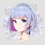  artist_name bangs banned_artist blue_eyes blue_hair closed_mouth colored_inner_hair cropped_shoulders earrings floral_background grey_background jewelry looking_at_viewer midori_foo multicolored_hair original pink_hair short_hair smile 