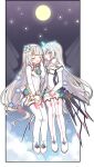  2girls artist_request boots bridal_gauntlets closed_eyes cloud code:_battle_seraph_(elsword) code:_electra_(elsword) curtains dress dual_persona elsword eve_(elsword) facial_mark fireflies flower grey_hair hair_flower hair_ornament hairband hand_on_legs hand_on_own_face long_hair moon multiple_girls official_art open_mouth outside_border robot_ears short_dress showgirl_skirt sitting smile star_(sky) thigh_boots white_footwear yellow_eyes 