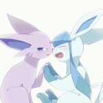  affectionate blush bright_pupils commentary_request espeon glaceon highres holding_hands iie_efg no_humans open_mouth pokemon pokemon_(creature) sharp_teeth signature simple_background smile teeth white_background white_pupils 