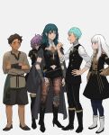 &gt;_&lt; 2boys 3girls arm_wrap armor armored_dress bangs bernadetta_von_varley black_dress black_footwear black_legwear black_pants black_shorts black_vest blue_eyes blue_hair boots breasts brown_hair brown_legwear brown_shirt buttons byleth_(fire_emblem) byleth_(fire_emblem)_(female) caspar_von_bergliez clenched_hand closed_mouth clothing_cutout coat coat_on_shoulders crossed_arms cyril_(fire_emblem) dark-skinned_male dark_skin double-breasted dress expressionless eyebrows_behind_hair fire_emblem fire_emblem:_three_houses full_body garreg_mach_monastery_uniform grey_background grey_coat hair_slicked_back hand_on_hip hands_on_hips hiding hiding_behind_another high_heel_boots high_heels highres leg_armor light_blue_hair long_hair long_sleeves looking_at_another lysithea_von_ordelia medium_breasts medium_hair midriff multiple_boys multiple_girls navel navel_cutout neckerchief nervous open_mouth pants pantyhose parted_bangs purple_eyes purple_hair red_eyes shirt shishima_eichi shoes short_hair shorts sidelocks simple_background small_breasts smile standing trait_connection vambraces vest wavy_mouth white_footwear white_hair white_neckerchief white_shirt 