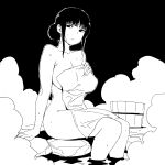  1girl alternate_hairstyle black_background breasts bucket closed_mouth feet_out_of_frame girls_und_panzer greyscale hair_bun highres large_breasts monochrome naked_towel nishizumi_shiho onsen onsen_tamago_(hs_egg) sidelocks sitting solo steam towel water wet 