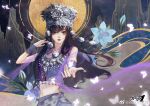  1girl bell bug butterfly crown flower glowing_butterfly hair_ornament jewelry midriff moon mountain night night_sky outstretched_hand purple_shirt purple_skirt qin_shi_ming_yue shi_lan_(qin_shi_ming_yue) shi_lan_ba_guan_bo shirt skirt sky solo 