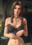  1girl aerith_gainsborough bangs black_camisole blurry blurry_background bolo_tie breasts brown_hair camisole camisole_lift cleavage collarbone covered_nipples final_fantasy final_fantasy_vii final_fantasy_vii_remake green_eyes highres lace-trimmed_camisole lace_trim looking_at_viewer miura-n315 navel parted_bangs solo stomach strap_slip undressing upper_body 