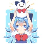  1girl blue_bow blue_dress blue_eyes blue_hair bow cirno dress fairy_wings hair_bow holding ice ice_wings pinafore_dress red_bow snowman touhou tsuri_buta twig wings 